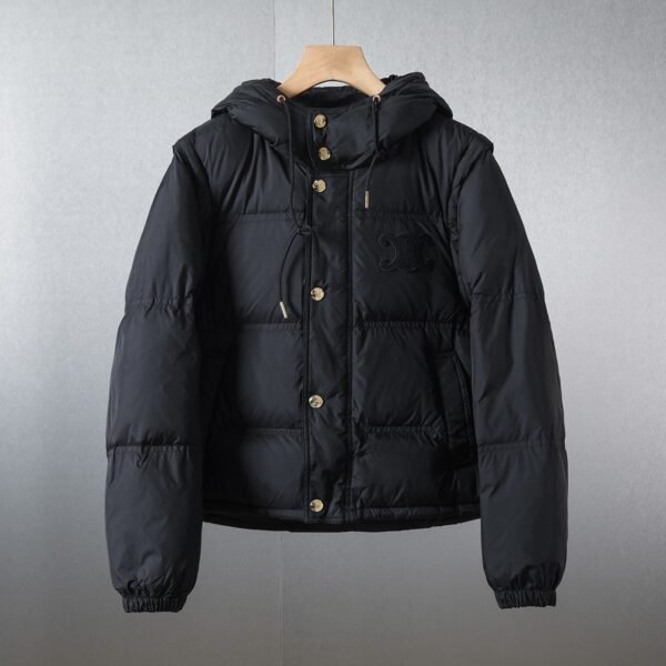 Celine down jacket solid color detachable sleeves hooded down long sleeve jacket