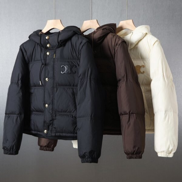 Celine down jacket solid color detachable sleeves hooded down long sleeve jacket