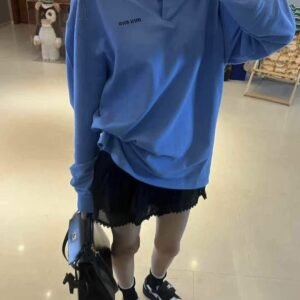 miumiu  New blue long-sleeved polo shirt with embroidered letters  Loose fit