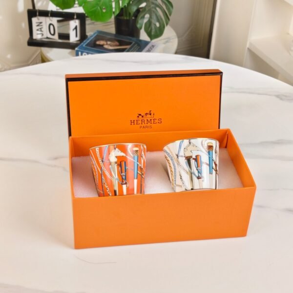HERMES Scepter series orange and white double cup set bone porcelain material