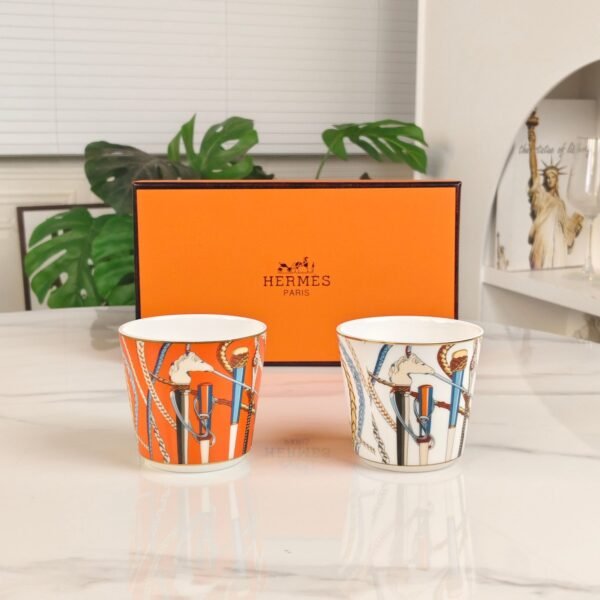 HERMES Scepter series orange and white double cup set bone porcelain material