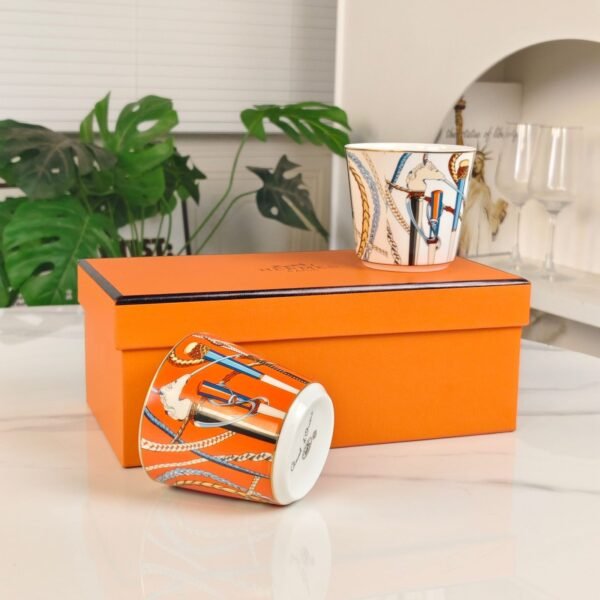 HERMES Scepter series orange and white double cup set bone porcelain material