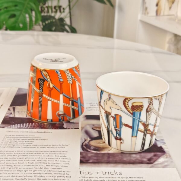 HERMES Scepter series orange and white double cup set bone porcelain material