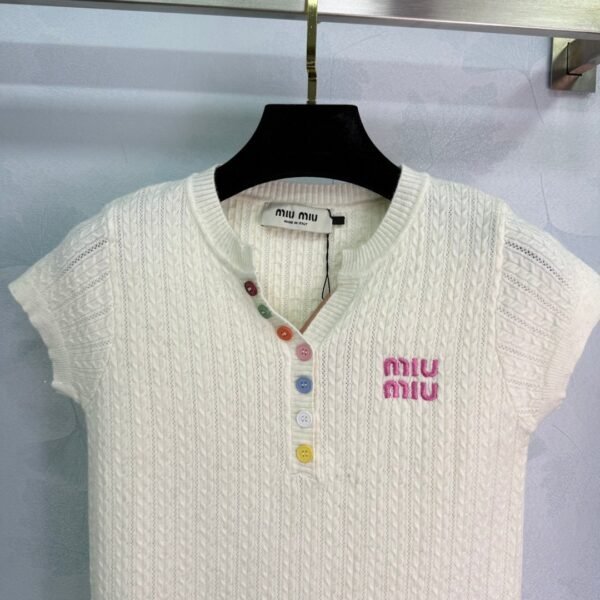 miumiu 2025 New Arrival Colorful Button Slim Fit Knitted Short Sleeve Wool Material Premium Edition T-shirt