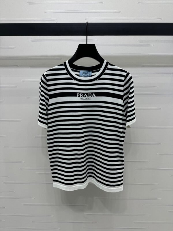 PRADA 2025 Spring and Summer Latest Striped Knitted Short Sleeve Top Wool Material T-shirt