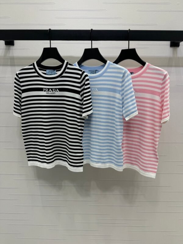 PRADA 2025 Spring and Summer Latest Striped Knitted Short Sleeve Top Wool Material T-shirt