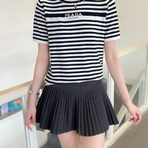 PRADA 2025 Spring and Summer Latest Striped Knitted Short Sleeve Top Wool Material T-shirt