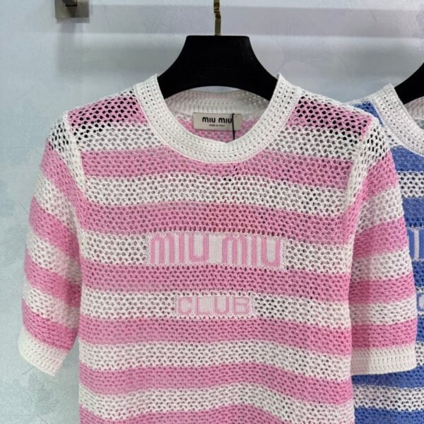 miumiu 2025 spring and summer latest series striped hollow knitted T-shirt high quality