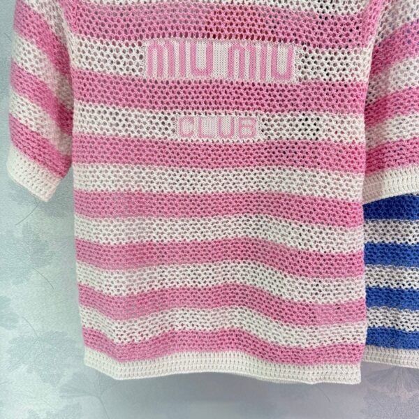 miumiu 2025 spring and summer latest series striped hollow knitted T-shirt high quality