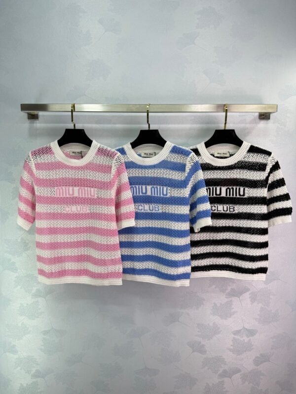 miumiu 2025 spring and summer latest series striped hollow knitted T-shirt high quality