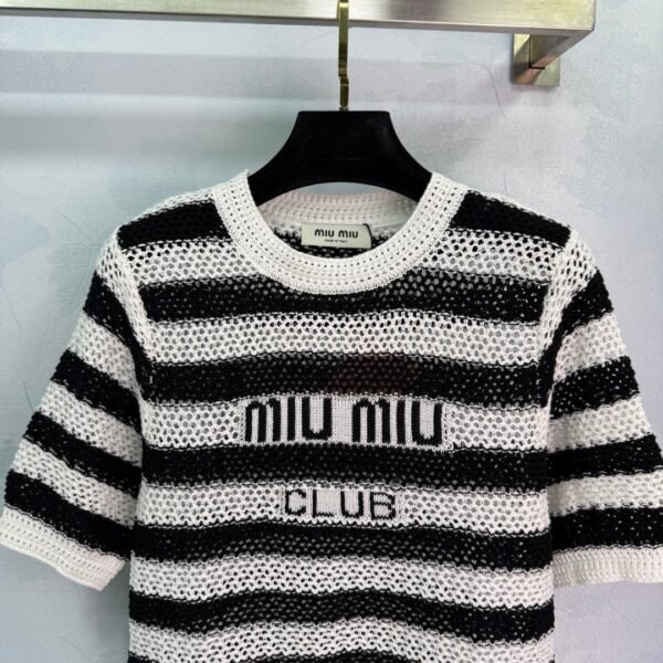 miumiu 2025 spring and summer latest series striped hollow knitted T-shirt high quality
