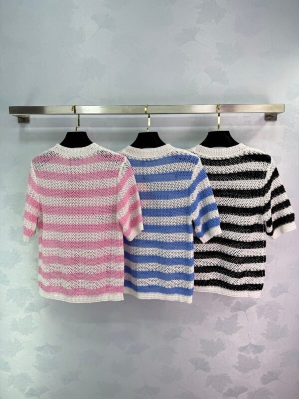 miumiu 2025 spring and summer latest series striped hollow knitted T-shirt high quality