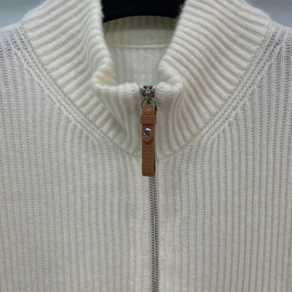 Hermès autumn and winter new mid-length cashmere knitted zipper jacket H-button patchwork leather pocket design high-quality clothing