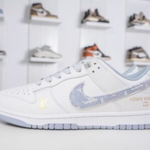 Nike & Louis Vuitton joint casual shoes white and gray stitching denim hook shoes Premium version