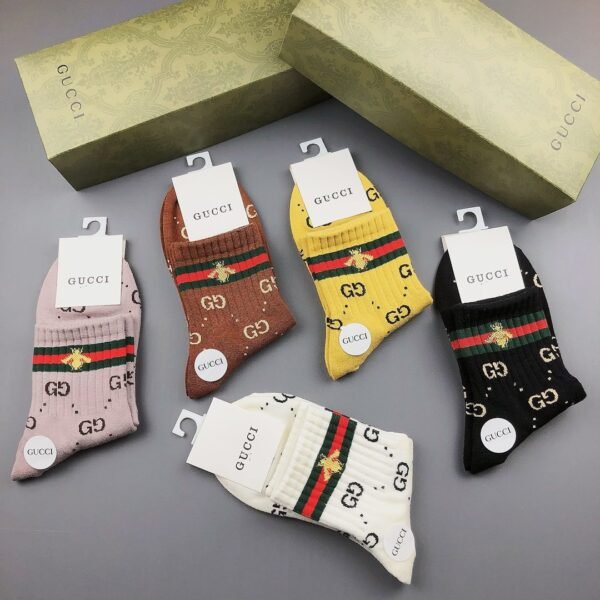 GUCCI Men’s and Women’s Same Style Cotton Socks in a Box of 5 Pair Socks