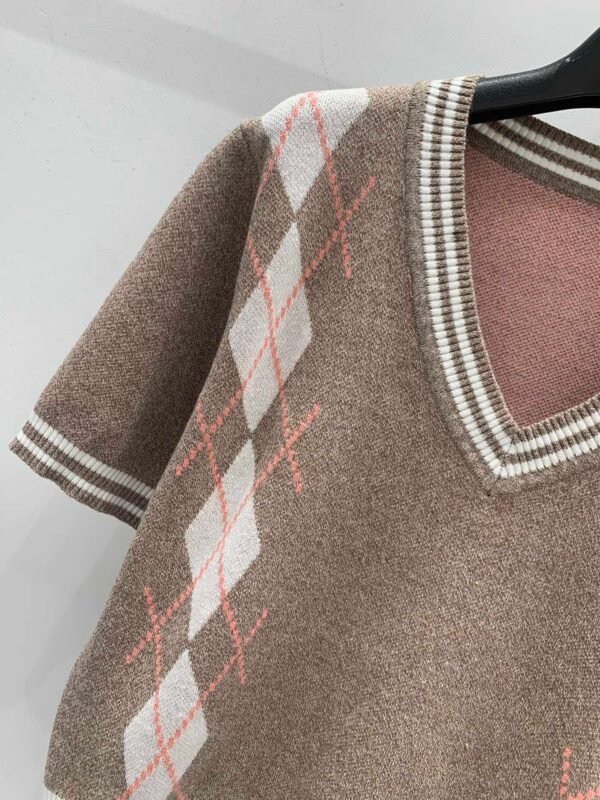 miumiu 2025 early spring new knitted round neck short sleeves diamond pattern jacquard decoration