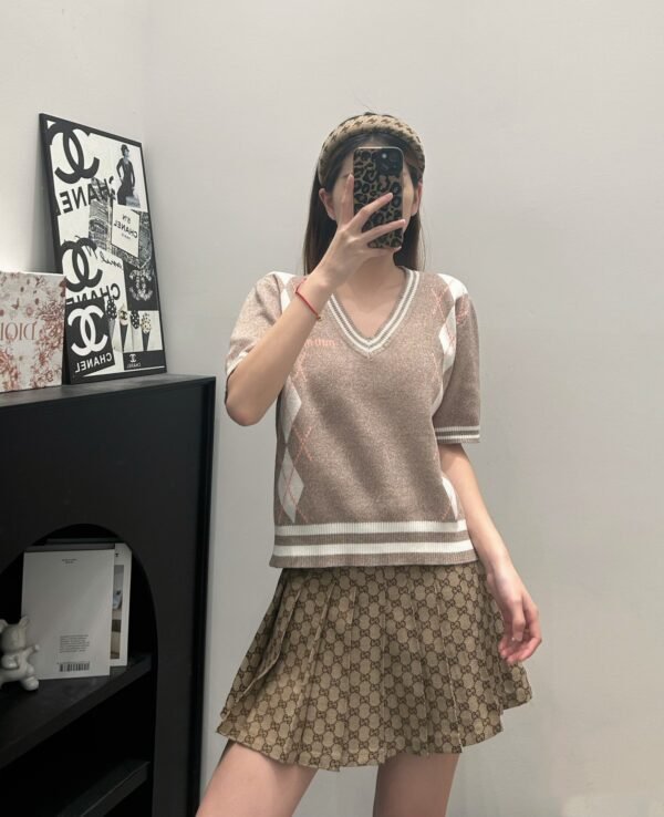 miumiu 2025 early spring new knitted round neck short sleeves diamond pattern jacquard decoration