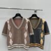 miumiu 2025 early spring new knitted round neck short sleeves diamond pattern jacquard decoration