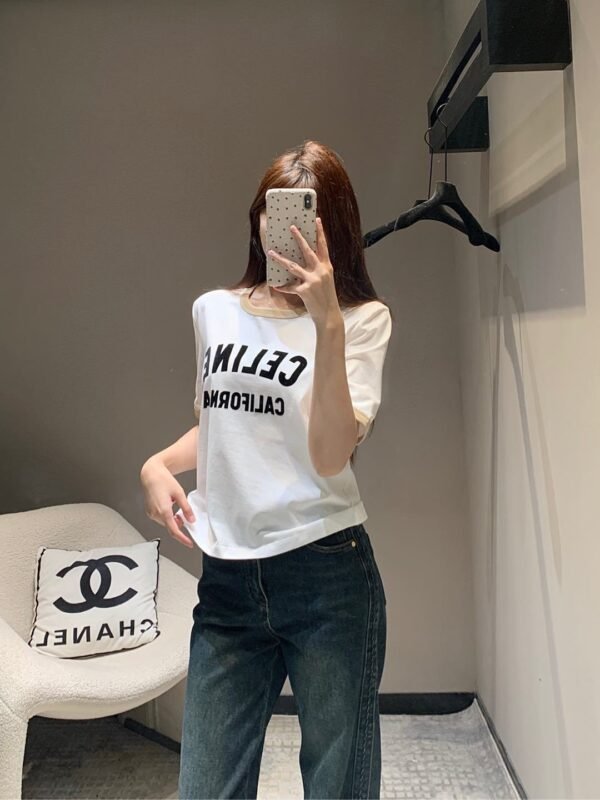 Celine 2025 early spring new letter flocking print round neck short sleeve T-shirt