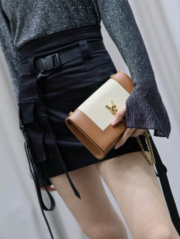 YSL original 1:1 small square bag brown cowhide with cotton linen ·20cm