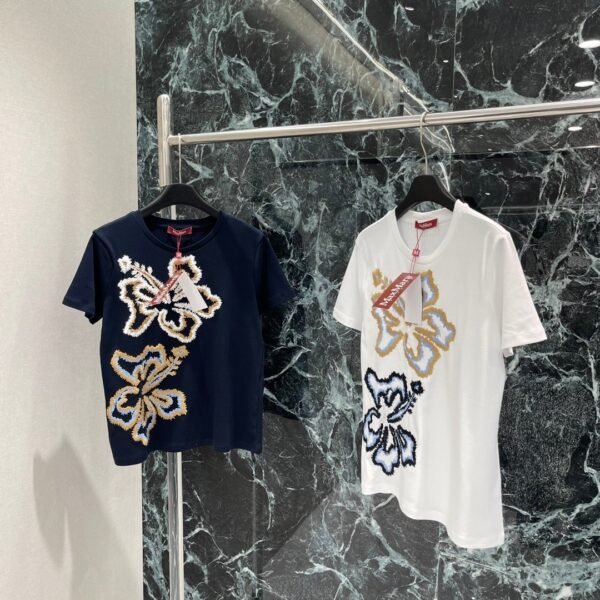 Max Mara 2025 Spring and Summer New Embroidered Flower Short Sleeve T-shirt Premium