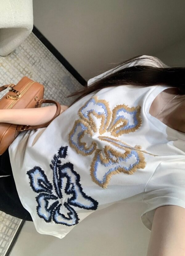 Max Mara 2025 Spring and Summer New Embroidered Flower Short Sleeve T-shirt Premium