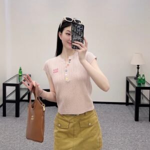 miumiu 2025 New Arrival Colorful Button Slim Fit Knitted Short Sleeve Wool Material Premium Edition T-shirt