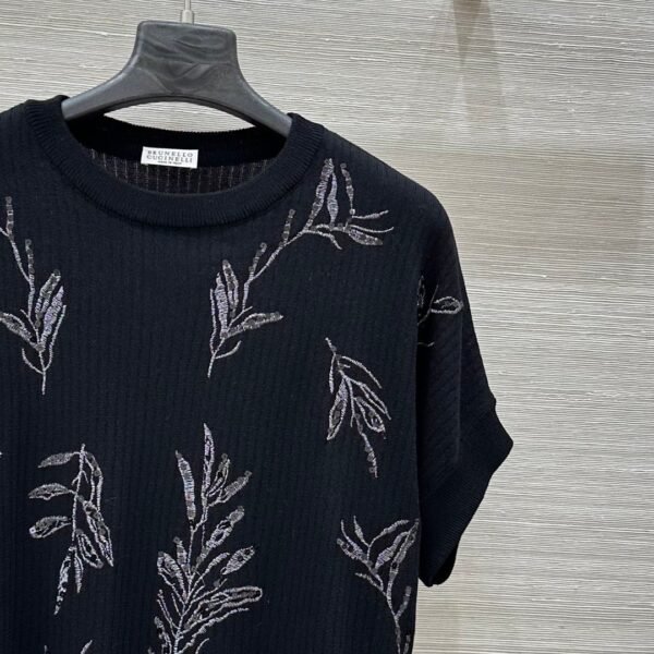 Brunello Cucinelli Spring and summer new sequin three-dimensional embroidery short-sleeved knitted T-shirt Premium