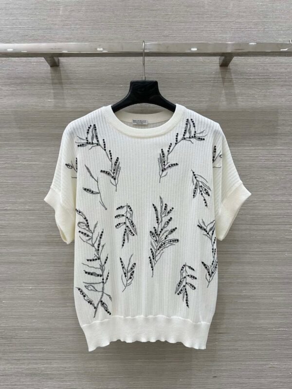 Brunello Cucinelli Spring and summer new sequin three-dimensional embroidery short-sleeved knitted T-shirt Premium