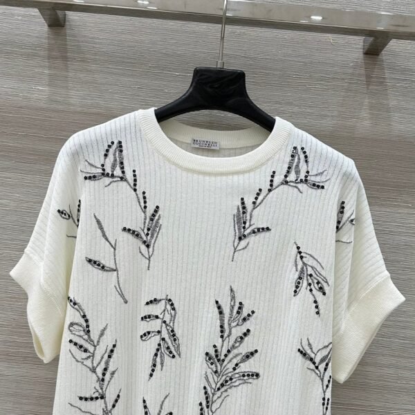 Brunello Cucinelli Spring and summer new sequin three-dimensional embroidery short-sleeved knitted T-shirt Premium
