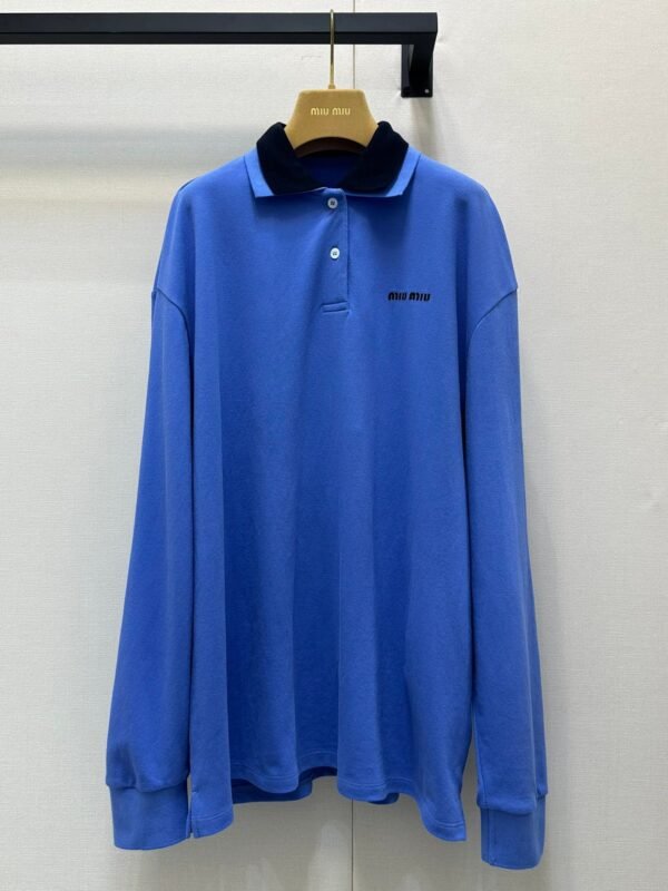 miumiu  New blue long-sleeved polo shirt with embroidered letters  Loose fit