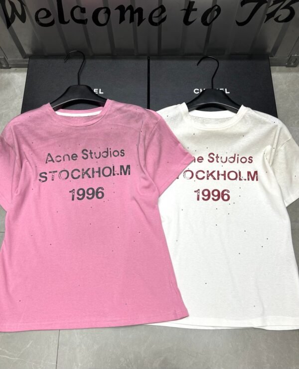 Acne Studios 1996 Letter Print Distressed Rhinestone Round Neck Short Sleeve T-shirt