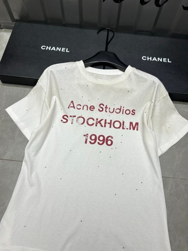 Acne Studios 1996 Letter Print Distressed Rhinestone Round Neck Short Sleeve T-shirt