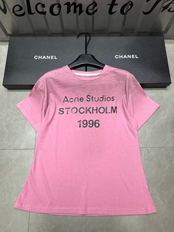Acne Studios 1996 Letter Print Distressed Rhinestone Round Neck Short Sleeve T-shirt