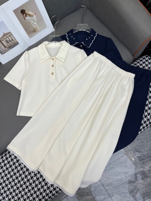 Miu Miu New Embroidered Collar Short Sleeve Polo Shirt + Skirt Set