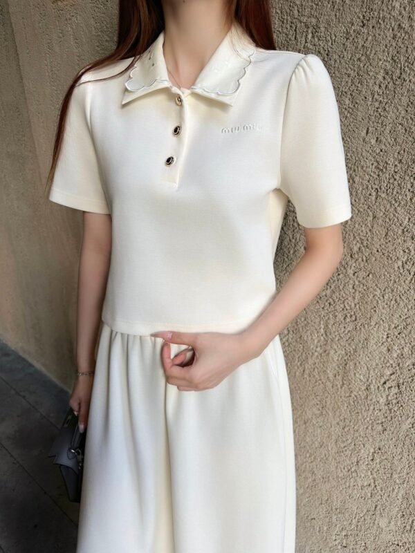 Miu Miu New Embroidered Collar Short Sleeve Polo Shirt + Skirt Set