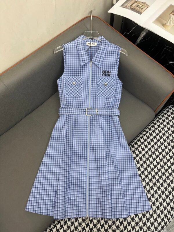 MiuMiu 2025 new style lapel plaid dress with belt high quality