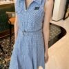 MiuMiu 2025 new style lapel plaid dress with belt high quality