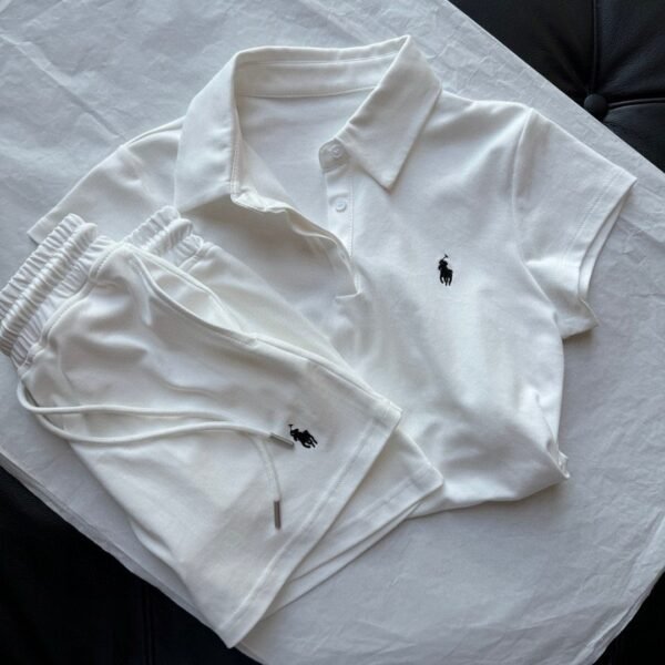 Ralph Lauren pony embroidered lapel short-sleeved pleated waist top with drawstring elastic waist skirt set