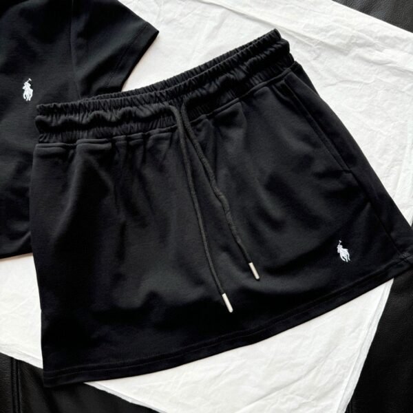 Ralph Lauren pony embroidered lapel short-sleeved pleated waist top with drawstring elastic waist skirt set