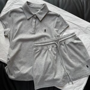 Ralph Lauren pony embroidered lapel short-sleeved pleated waist top with drawstring elastic waist skirt set