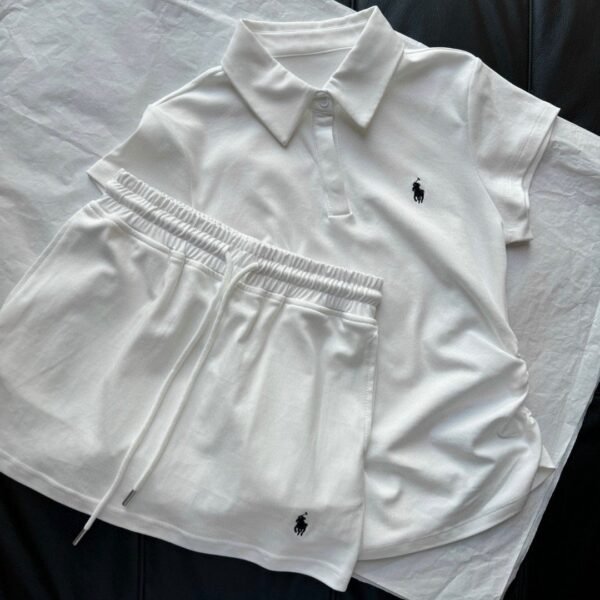 Ralph Lauren pony embroidered lapel short-sleeved pleated waist top with drawstring elastic waist skirt set