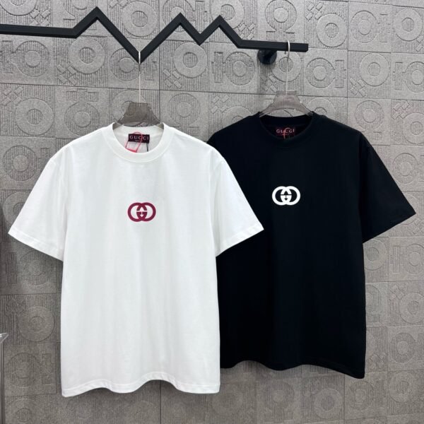 GUCCI Simple LOGO double G three-dimensional glue craft 330g round neck short-sleeved T-shirt