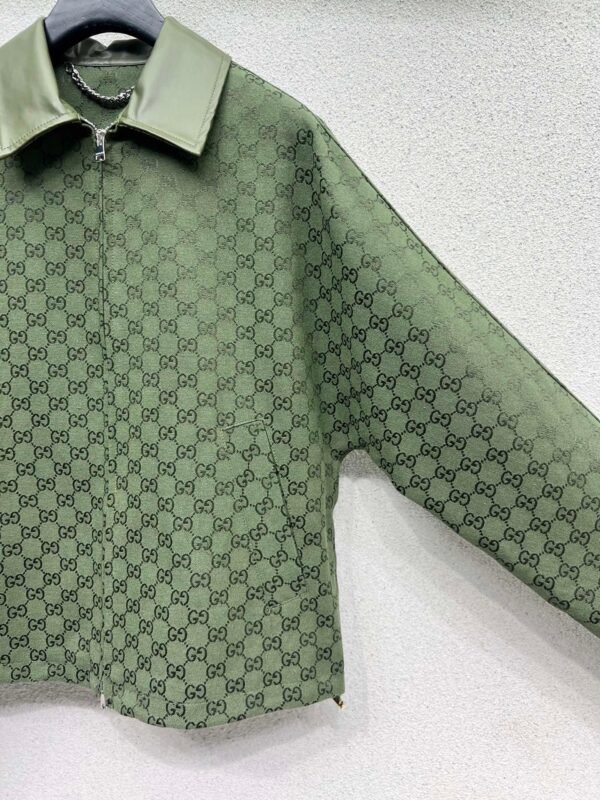 GUCCI Green jacquard leather collar jacket High-end handmade quality clothing