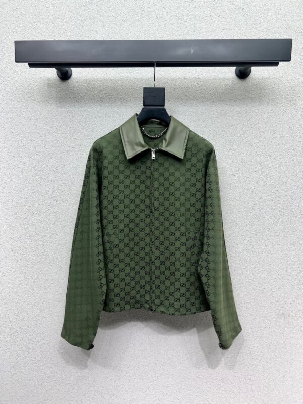 GUCCI Green jacquard leather collar jacket High-end handmade quality clothing
