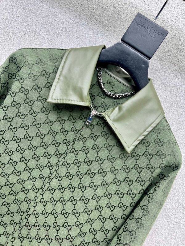 GUCCI Green jacquard leather collar jacket High-end handmade quality clothing