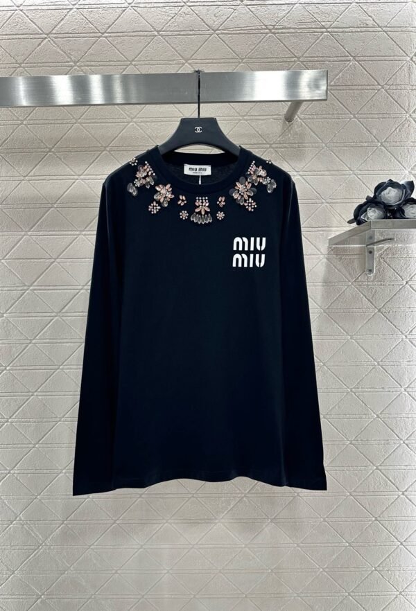miumiu 2025 new rhinestone beaded round neck long-sleeved bottoming shirt