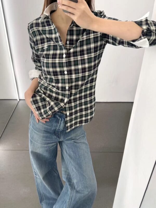 Celine 2025 Early Autumn Plaid Lapel Embroidered Shirt High Quality Clothes