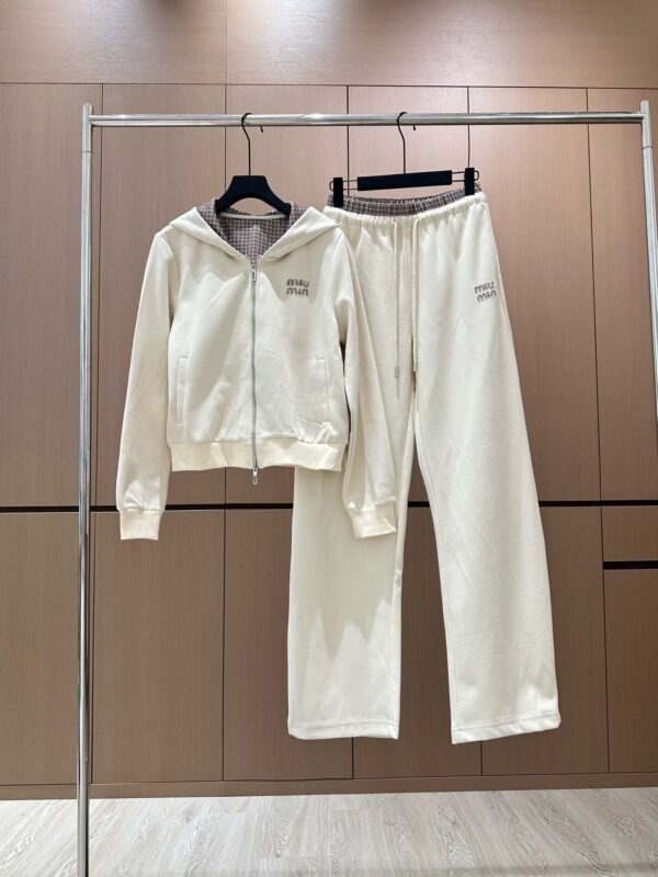 miumiu autumn new style hooded double zipper plaid patchwork jacket with elastic waist drawstring trousers