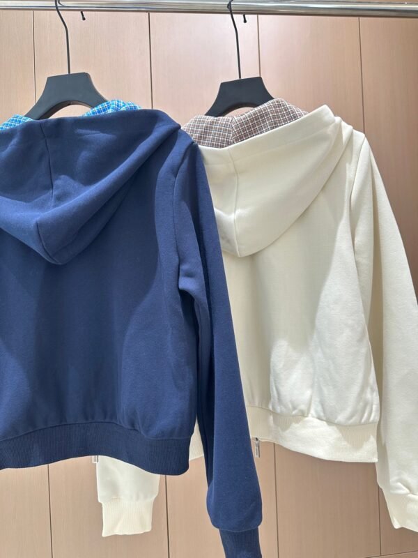 miumiu autumn new style hooded double zipper plaid patchwork jacket with elastic waist drawstring trousers